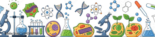 Biology and Laboratory Science Vector Banner with Microscope, DNA Helix, Cells, Molecules, Test Tubes and Scientific Research Illustration