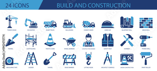 Build and construction icon set. Flat vector solid icon set. construction icons for building projects.

