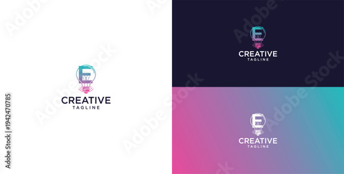 smart bulb logo icon. bulb logo technology. initial logo design E
