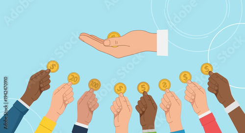 Hand giving golden coins to multiple diverse hands