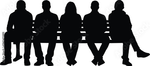 People sitting on bench silhouettes group of men and woman seated side view isolated black vector illustration social waiting