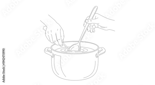 Hands stirring liquid in cooking pot with a spoon