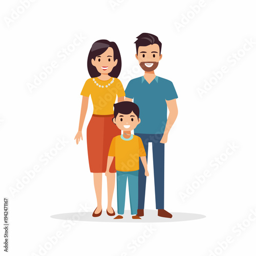 Happy cartoon family standing together on white background