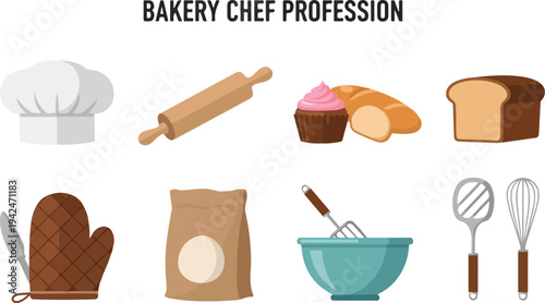 An illustration depicting bakery items Includes a chefs hat rolling pin cupcake bread mitt flour bag bowl and utensils