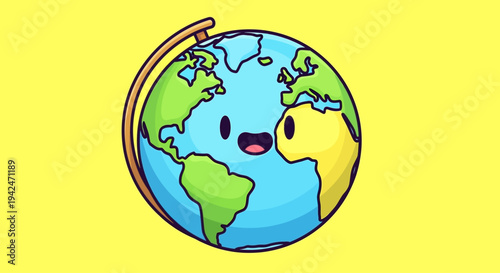 Happy cartoon Earth globe illustration on yellow background