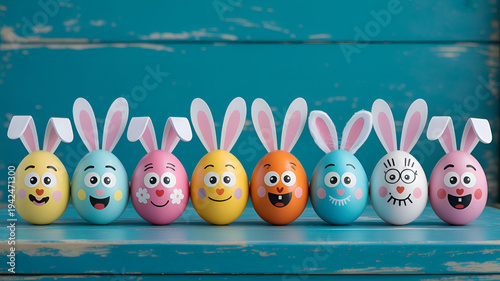 Colorful easter eggs with bunny ears and faces lined up on a worn blue wooden surface creating a playful and festive atmosphere with pastel colors and soft lighting