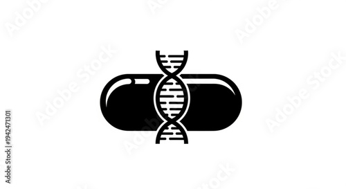A futuristic structure featuring a DNA helix in black and white vector art with technology icons on an abstract architectural background.