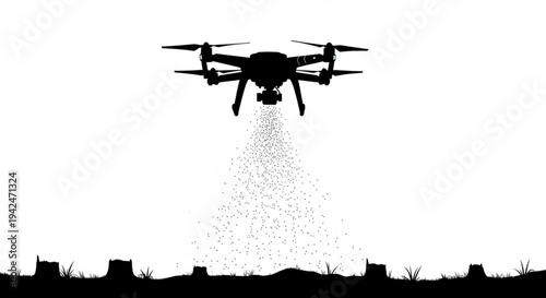 Drone sprays particles over futuristic structures in black and white vector art