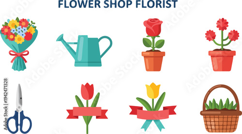 An illustration depicting various florist items a bouquet watering can potted rose potted flowers scissors tulip with ribbon tulip with ribbon and basket
