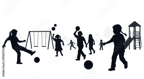 Happy children playing diverse games on a playground silhouette
