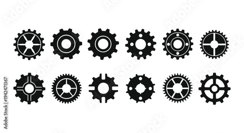 Collection of twelve different black and white mechanical gear and cogwheel vector icons