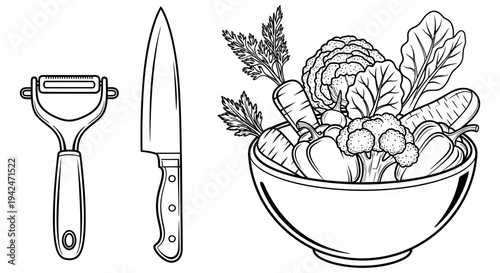 Kitchen utensils and vegetables in a bowl illustration for cooking and healthy eating with a simple black and white design