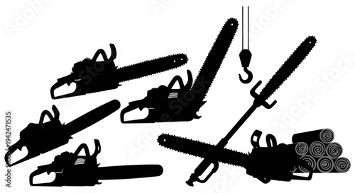 Collection of chainsaws and chains displayed against a white background showcasing various models and accessories for woodcutting and forestry work