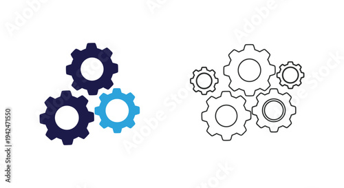 Vector graphic illustration showcasing multiple gears representing settings, systems, and mechanical processes in two distinct styles.