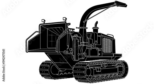 Heavy machinery vehicle with tracks and hydraulic arm for forestry and construction use in industrial settings and land clearing operations effectively