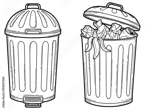Two metal trash cans with lids shown empty and full of garbage in simple black and white illustration