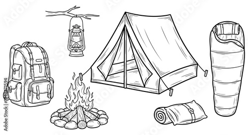 Outdoor camping gear including tent, sleeping bag, backpack, and campfire setup for wilderness adventure and exploration in nature.