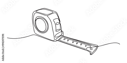Measuring tape  in one continuous line drawing. Symbolizing industrial tools and craftsmanship, Tape Measure Continuous Line Art Illustration, Tape measure in line art drawing style. Flexible ruler.  