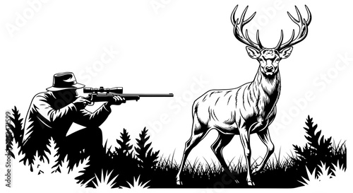 Hunter aiming rifle at large deer with impressive antlers in a serene forest landscape