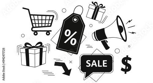 Shopping icons representing sale and discount elements in a digital illustration for online marketing and e-commerce promotions