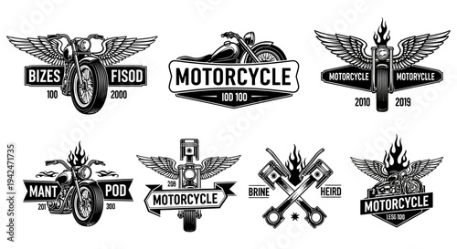 Collection of vintage motorcycle emblems and logos featuring wings and mechanical elements in monochrome design for bikers and motorcycle enthusiasts worldwide to appreciate the classic style.