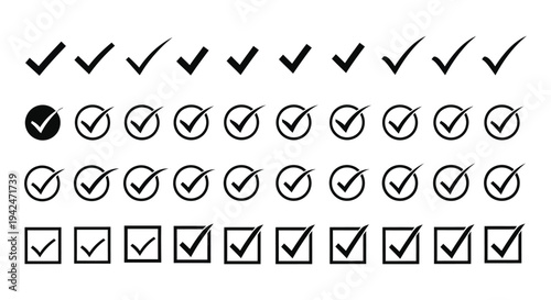 Collection of various simple black and white vector checkmark icons illustrating selection and confirmation