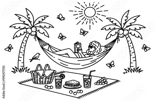 Person relaxing in a hammock between palm trees on a sunny day with food and drinks nearby enjoying a peaceful tropical getaway