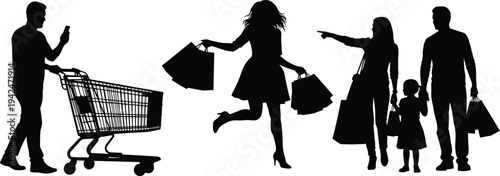 Shopping people silhouettes man with cart woman carrying bags and family shopping isolated black vector illustration retail lifestyle