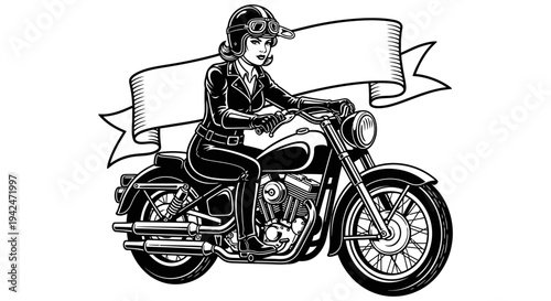 Vintage style illustration of a woman riding a motorcycle with a banner for custom text or branding purposes