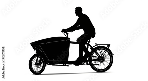 A person rides a tricycle with a large cargo box in a futuristic urban setting.