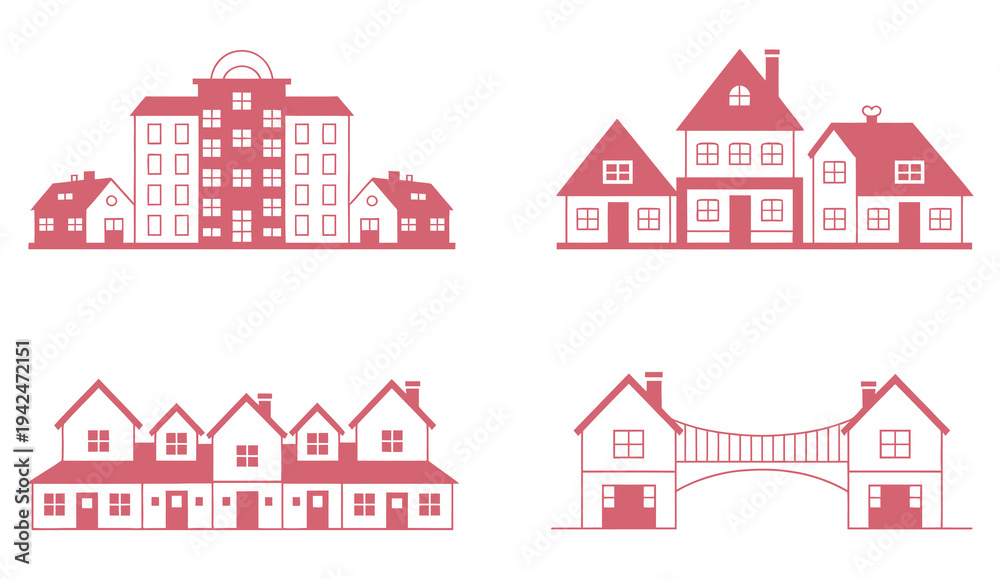 Naklejka premium Simple Red House Icons Representing Neighborhoods and Architecture. Residential building symbols, home and property design concept, urban planning, real estate illustration, editable stock vector desi
