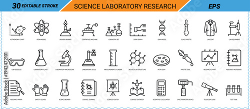 Science Laboratory Research Icon Set Editable Stroke EPS Keywords: science, laboratory