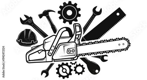 Collection of carpentry and construction tools arranged around a central chainsaw symbolizing woodworking and DIY projects