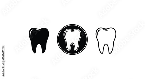 Collection of three distinct molar-tooth vector graphic icons representing dental health concepts