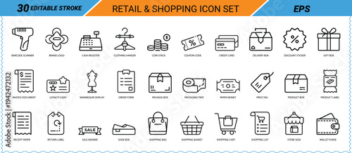 Retail Shopping Icon Set Editable Stroke EPS Keywords: retail, shopping, icon, set, barcode