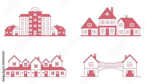 Simple Red House Icons Representing Neighborhoods and Architecture. Residential building symbols, home and property design concept, urban planning, real estate illustration, editable stock vector desi