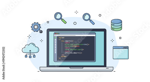 Laptop displaying code surrounded by cloud, database, and search icons