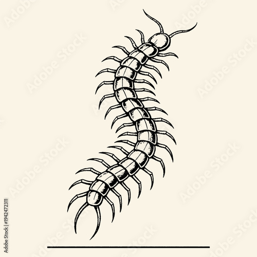 Detailed Black Ink Centipede Illustration on Cream Background