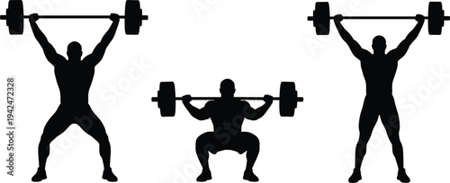 Weightlifter barbell squat and overhead lift silhouettes strength training workout isolated black vector illustration bodybuilding fitness exercise set