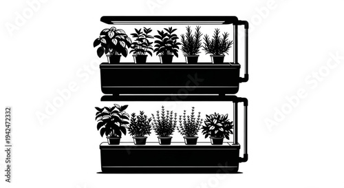 Illustration of futuristic structures with plants in black and white vector art featuring technology icons and architectural abstract designs