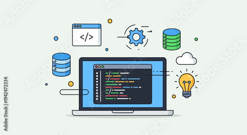 Laptop showing code with programming and development icons