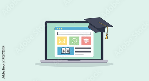 Laptop with graduation cap and educational icons for online learning