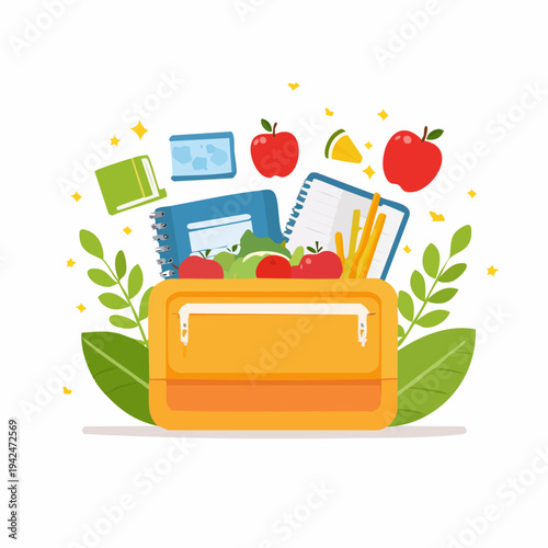 Lunchbox with healthy food and school supplies for students