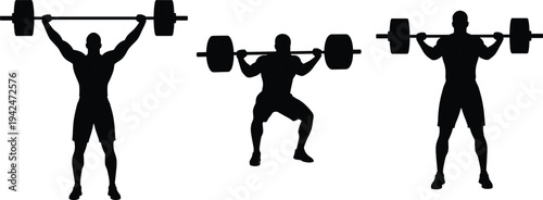 Weightlifting athlete silhouettes barbell overhead press squat and standing poses isolated black vector illustration strength training gym fitness