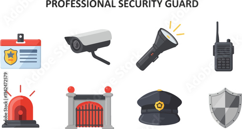 Collection of security guard icons ID badge CCTV camera flashlight walkietalkie siren gate hat and shield