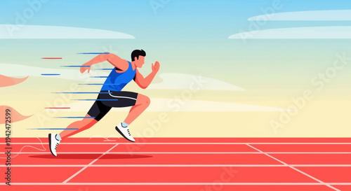 Male athlete sprinting on running track under blue sky