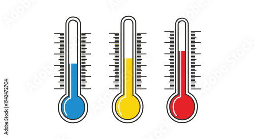 Vector graphic illustration showing three thermometers indicating cold, warm, and hot temperature levels