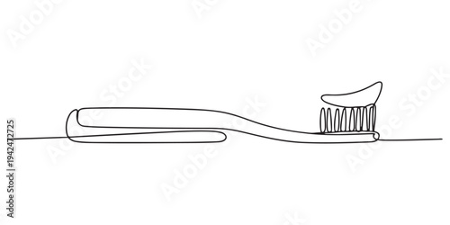 Minimalist continuous line drawing of a toothbrush on white background. Toothbrush continuous one line drawing oral care concept vector illustration.