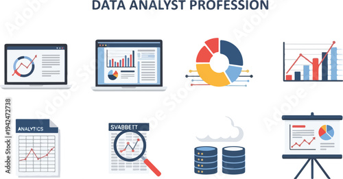 Data analysis icons laptops charts spreadsheets magnifying glass cloud database presentation board