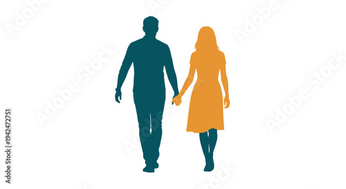 Man and woman silhouettes holding hands walking together
